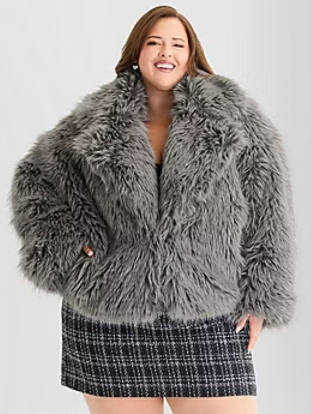 Ashley Graham Faux Fur Midweight Cropped Shaggy Teddy Coat Gray Size 2x